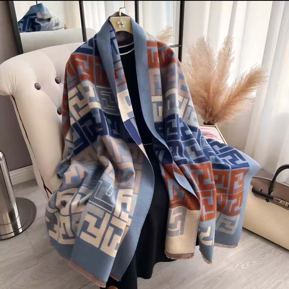 #10 Anthro Kerri F Poncho Scarf O/S Blue & Tan